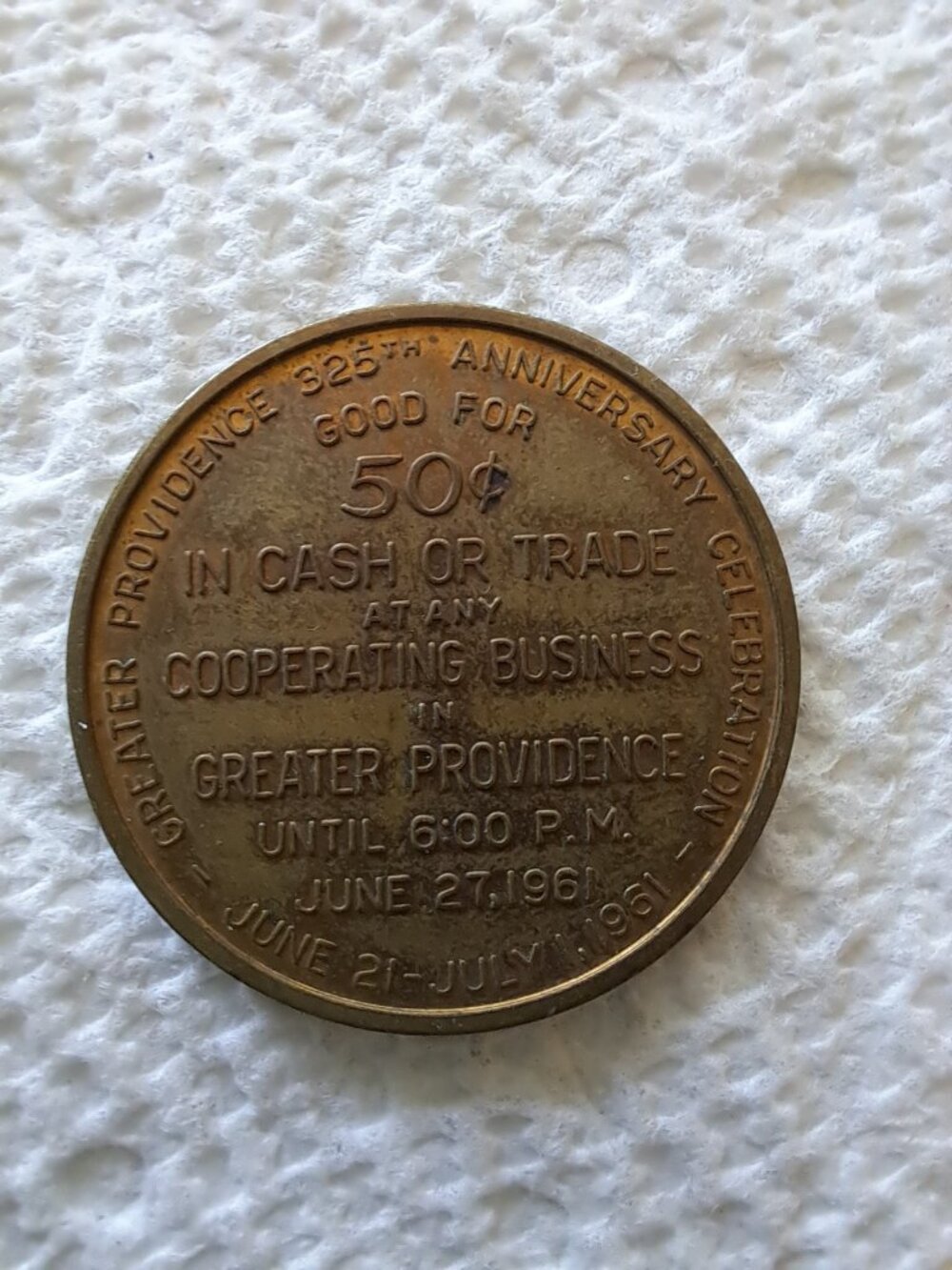 Greater Providence RI Vintage 1961 325th Anniversary Celebration Token Coin - Picture 2 of 2